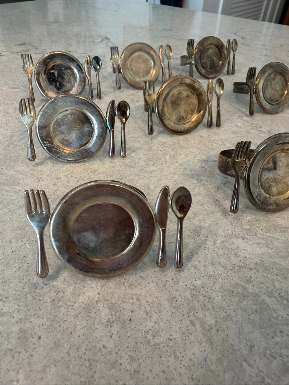 Vintage Silver Plated Figural Napkin Rings Set of 9 Miniature Place Setting